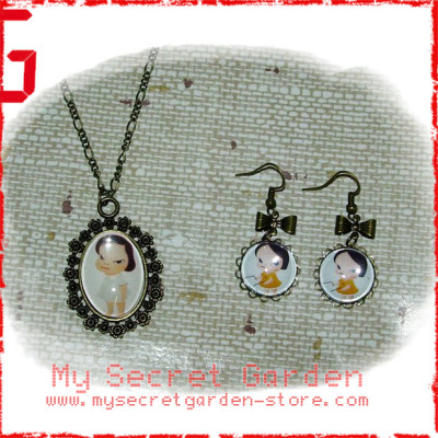 Yoshitomo Nara 奈良 美智 Pop Art Cabochon Bronze Necklace & Earrings Set